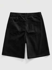 ROMWE MEN Men's Embroidered Pattern Loose Denim Shorts Spring/Summer - Black - View 3
