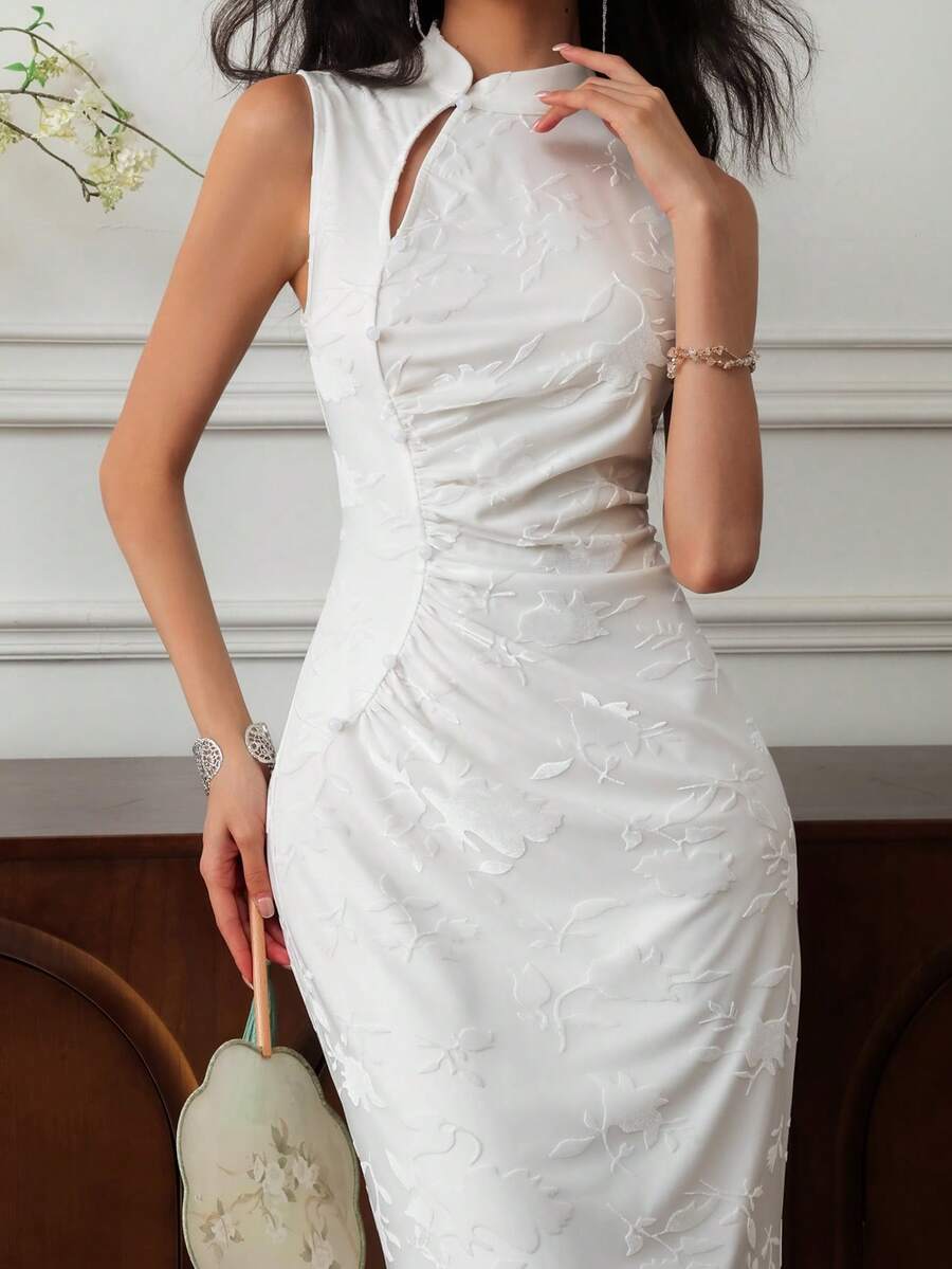 EastFlair Women's Floral Jacquard Pleated Fitted Elegant Sleeveless Dress Elegant White Dress White Vintage Dress White Dinner Dress White Cocktail Dress - White - View 1