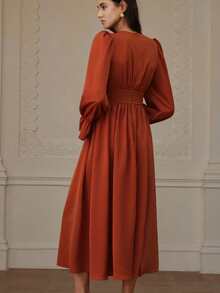 Chiquease Vestido elegante y vintage con cuello en V, fruncido y decoración de botones para mujer - Óxido marrón - Ver 2