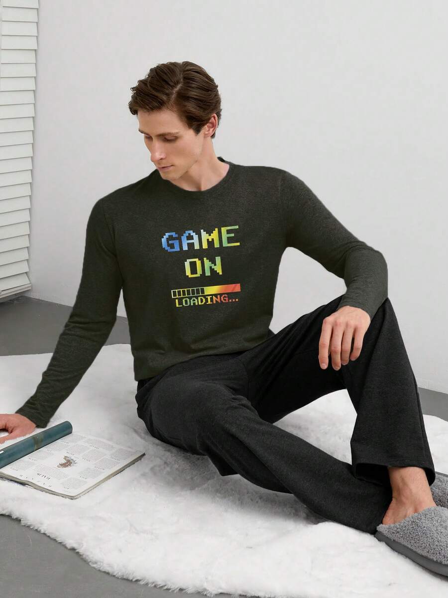 EURMUSE Men Game Letter Printed Regular Longsleeve & Pants Homewear Set - Army Green - View 1