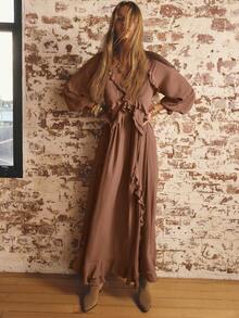 Aralina 女士纯色荷叶边拼接灯笼袖连衣裙 - 咖啡棕 - 查看 6