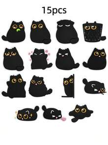 3个/6个/15个可爱猫咪冰箱贴 - 卡哇伊黑色小猫装饰，塑料树脂材质，适用于厨房和办公室，完美的生日乔迁礼物之选 - 彩色 - 查看 8