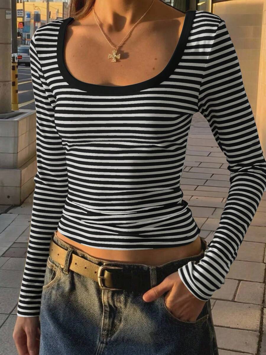 Jouncy Women's Striped Fitted Casual Vacation Long Sleeve T-Shirt - Black - View 1