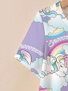 My Little Pony X SHEIN 女童可爱卡通彩虹字母图案短袖宽松T恤裙，休闲日常通勤，夏季 - 白色 - 查看 3