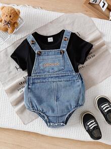 SHEIN Vintaside Kids Toddler Boys' Overalls With Short Sleeve Top - Black - View 1