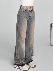 SHEIN Quần jeans ống rộng cạp cao dáng suông thoải mái - Rửa trung bình - Xem 3