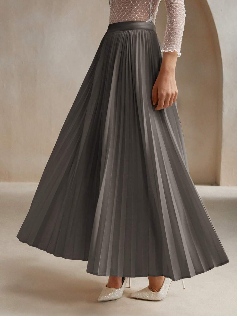 Anewsta Urban Style Pleated A-Line Skirt, Minimalist Fashion Casual Everyday Wear Maxi Skirt - Grey - View 1