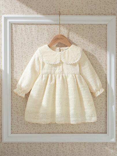 Souflis Souflis Elegant Vintage French Style Beige Sweet Decorative Ruffle Collar Long Sleeve Dress, Suitable For Home, Outing, Party And Other Occasions For Baby Girls Cream Baby Girl Dress Baby Vintage Dress Baby Girl Puff Sleeve Dress Ivory Baby Dress