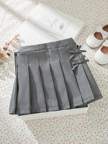 Souflis Souflis 1pc Baby Girl Pleated Skirt, Children's Woven Comfortable Skirt With Bow Waistband And Button Design, Adding Fashionable And Sweet Style, Elastic Waist And Loose Fit, Suitable For Autumn Occasions Like Vacation And Daily Wear - Grey - View 2