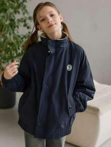 DAZY 少女宽松印花高领拉链抓绒外套，秋季款 - 藏蓝色 - 查看 4