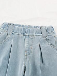 2件套女童简约百搭吊带背心和长款牛仔裤套装，适合学校、校园、户外活动 - 藍色 - 查看 3