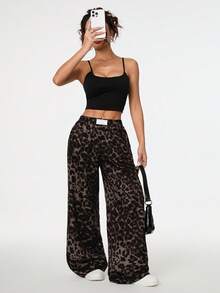 SHEIN PETITE Quần ống rộng họa tiết da báo dệt cạp chun dành cho nữ - Nhiều màu - Xem 3