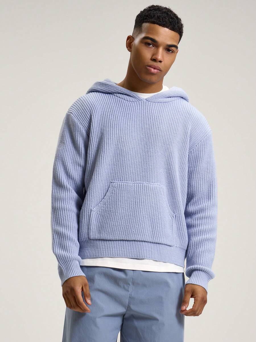 Musero Sudadera con capucha de punto, de ajuste relajado, de manga larga, con bolsillo tipo canguro, hombros caídos y corte recto, esencial para primavera y verano - Azul - Ver 1