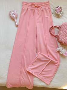 SHEIN EZwear Solid Color Drawstring Casual Loose Sweatpants Graduation,Back To School Outfits,Graduation,Teacher Outfits For Women,Back To School - Pink - View 5