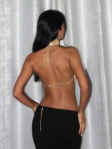 EgrlEra Metal Mesh Rhinestone Asymmetric Hem Backless Halter Top - Gold - View 2