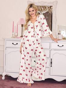 Valentine's Day Cute Y2K Butterfly & Heart Print Ruffle Trim Drawstring Design Wide Leg Women Pajama Set