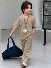 Dazy Kids Young Boy Casual Solid Color Raglan Short Sleeve T-Shirt And Drawstring Waist Straight Leg Pants Set, Suitable For Spring, Summer, Autumn - Khaki - View 6