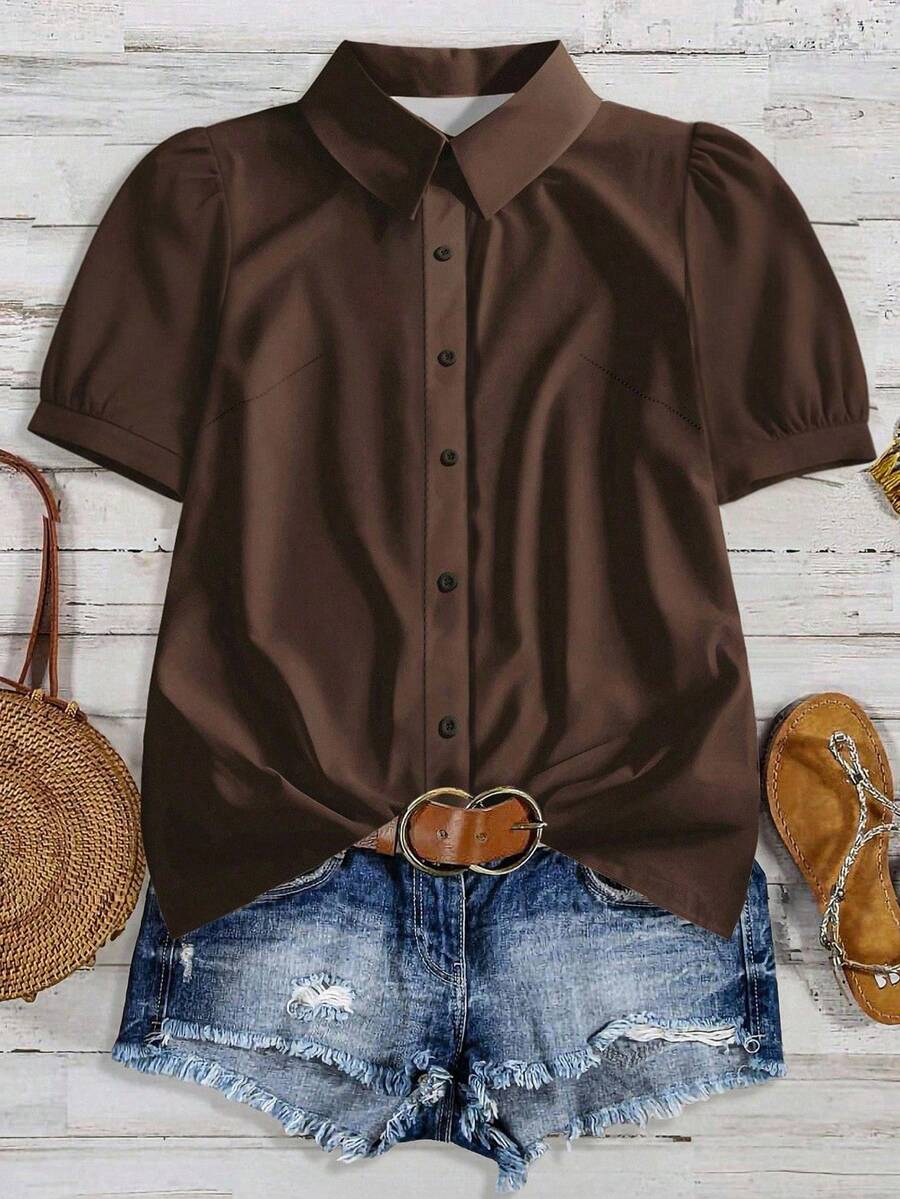 EMERY ROSE 大码棕色休闲简约全印花衬衫，适合夏季