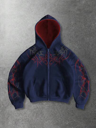 Street Life Herren Lässig Grafik Muster Reißverschluss Hoodie Sweatshirt, Herbst