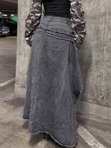 StreetHx 低腰毛边长短款牛仔裙 - 深灰色 - 查看 2