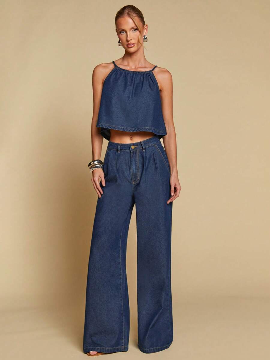 COSMINA Denim 女士纯色打结吊带背心和休闲牛仔裤套装,牛仔时尚女装,女士牛仔两件套,女士牛仔套装,牛仔套装,女士夏季服装 - 深色水洗藍 - 查看 1