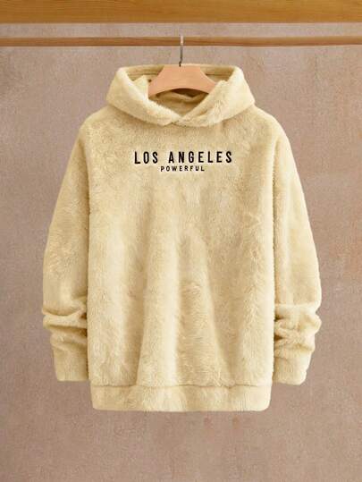 HIMLAND Herr stickad huvtröja i korallfleece med broderad bokstav, avslappnad