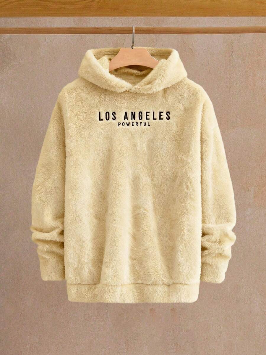 HIMLAND Men's Casual Knitted Coral Fleece Hoodie With Embroidered Letter Romwe Men Hoodie Light Yellow Hoodie Los Angeles Hoodie Pullover Hoodie Fluffy Hoodie - Apricot - View 1