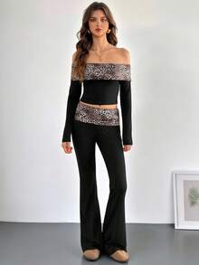 SHEIN Tall 2pcs/Set Women's Leopard Print Off Shoulder Long Sleeve Crop Top And Flared Pants, Fashion Outfit Leopard Print Two Pieces Set Pants Two Pieces Set - Black - View 3