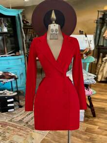 Franclia Elegant Fashion Lapel Collar Double-Breasted Backless Bow Tie Waist Commuter Dress For Women Red Long Sleeve Dress Dress With Bow In The Back Red Bodycon Dress Red Cocktail Dress Red Curve Dress - Red - View 2