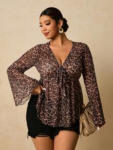 Travachic Plus Size Women Leopard Print Flare Sleeve Top - Brown - View 4