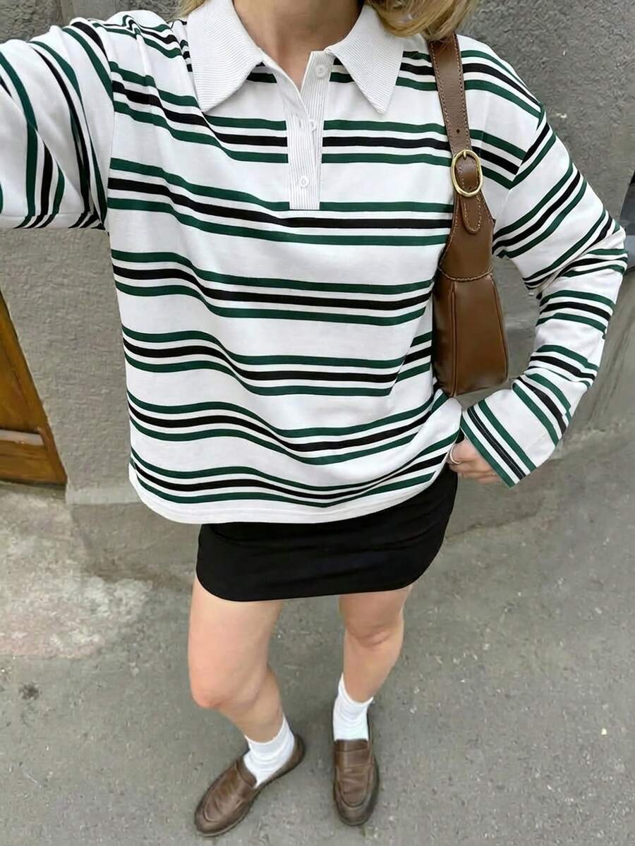Aloruh ملابس علوية بولو مخططة للنساء للخريف/الشتاء، ملابس علوية بقصة مزدوجة، مخططة باللون الأخضر، بطراز كولدج، ملابس خارجية كاجوال عصرية جديدة