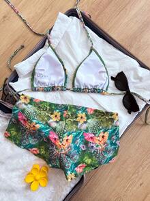 Swim Vcay Bộ đồ bơi 2 món dành cho nữ, thời trang và dễ thương, thích hợp cho kỳ nghỉ, tiệc du thuyền, phong cách đường phố, gồm áo bơi buộc cổ và quần bikini dây buộc điều chỉnh được in họa tiết động vật biển ngẫu nhiên. - Nhiều màu - Xem 2