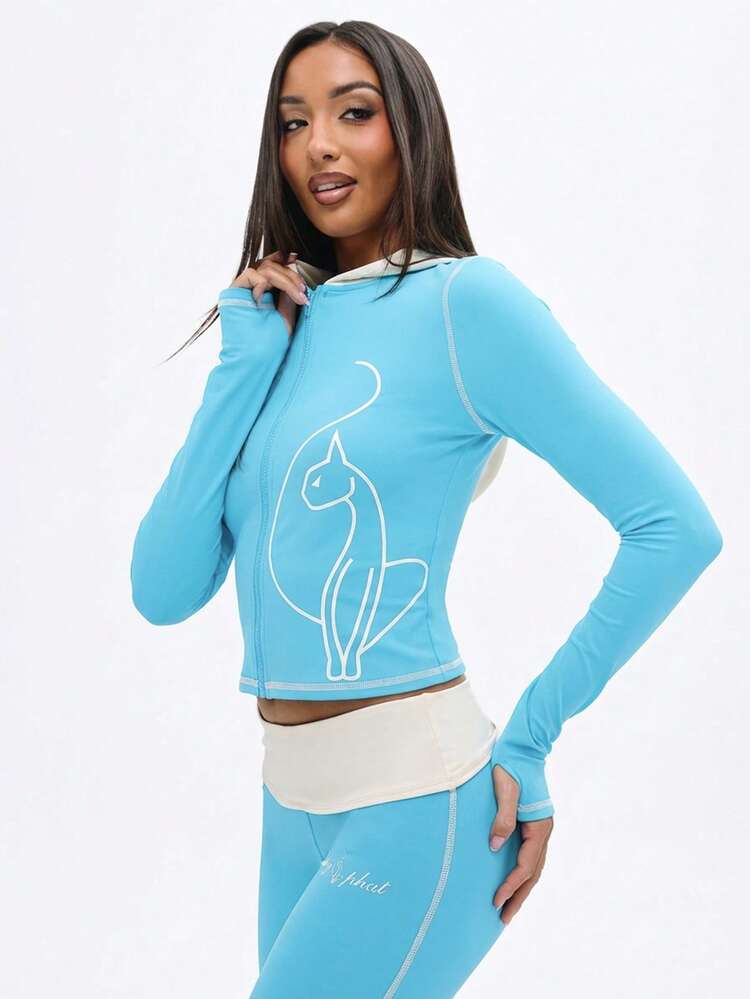 BABYPHAT Zip Up Hooded Top With Contrast Stitching And White Hood Detail For Women Long Sleeve Swim Top Sweat Suits For Women Blue 2 Piece Set Women Long Sleeve Two Piece Set Blue Long Sleeve Top