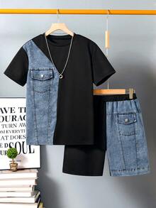 SHEIN Mirajuku 2件套青少年男童休闲牛仔拼接针织T恤和短裤，时尚街头风牛仔拼接套装 - 黑色 - 查看 9