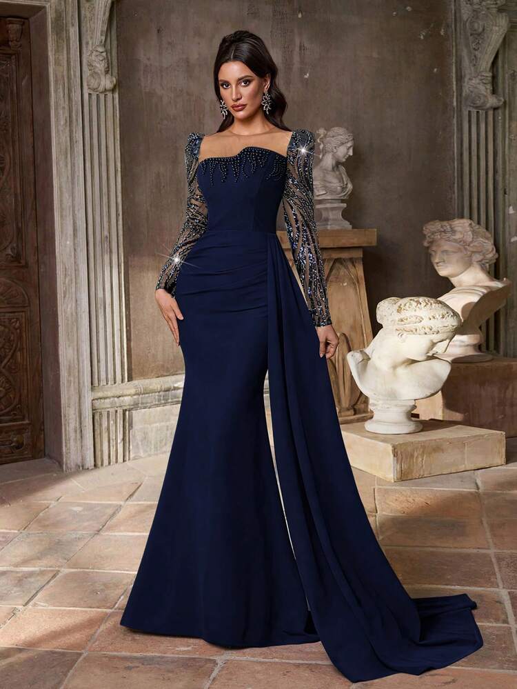 Glamrae Elegante y lujoso vestido de noche de mujer con tela de lentejuelas y bordados (muy recargado) - Azul Marino - Añade 5