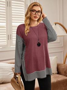 EMERY ROSE Plus Size Women Casual Long Sleeve Striped Patchwork T-Shirt - Burgundy - View 4