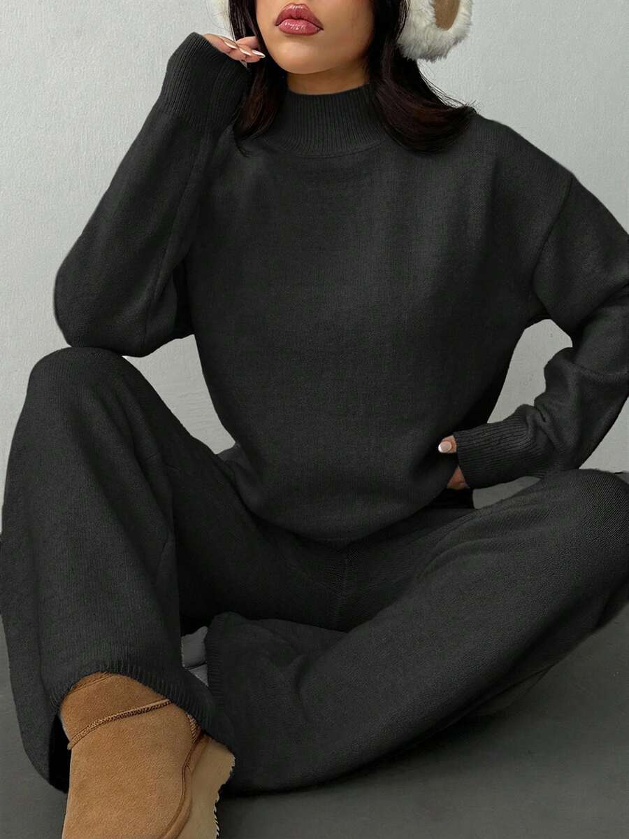 SHEIN PETITE 女士休闲舒适简约时尚宽松针织衫和高腰弹力休闲裤两件套，秋冬女士两件套长袖两件套简约服装舒适针织两件套女士家居服 - 深灰色 - 查看 1