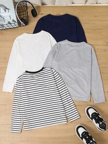SHEIN 4件套 青少年男童休闲条纹骑士图案长袖T恤 - 黑色 - 查看 2