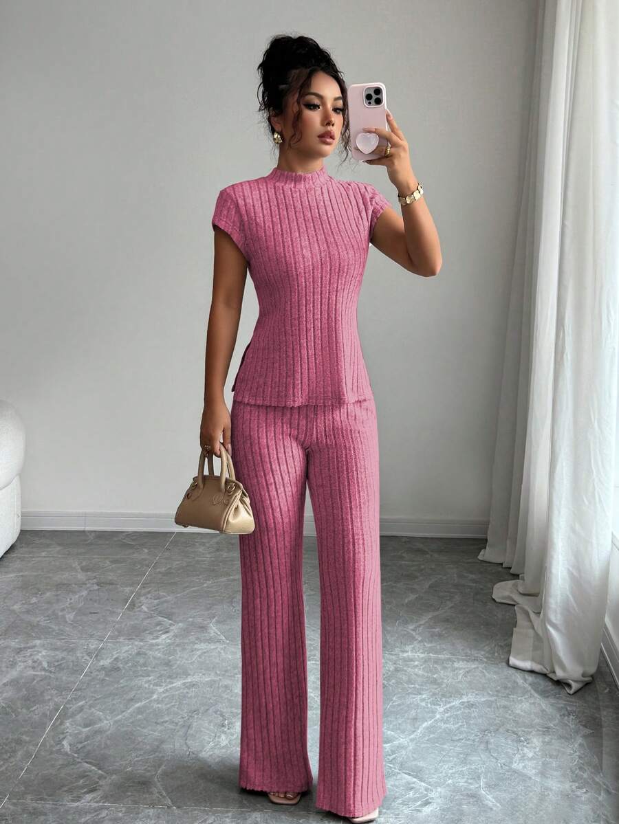 Elenzga 2pcs/Set Casual Elegant Ribbed Short Sleeve Top And Pants - Hot Pink - View 1