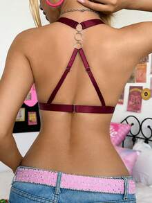 SHEIN Soutien-gorge sexy ajouré de couleur unie pour femmes - Rouge foncé - Voir 2