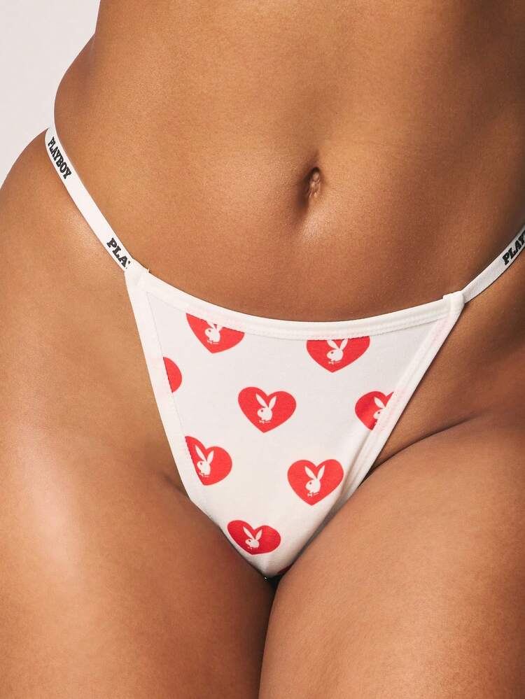 Missguided x Playboy 브랜딩 귀여운 란제리와 함께 발렌타인 데이를 위한 하트 프린트 로우 라이즈 끈 팬티 속옷