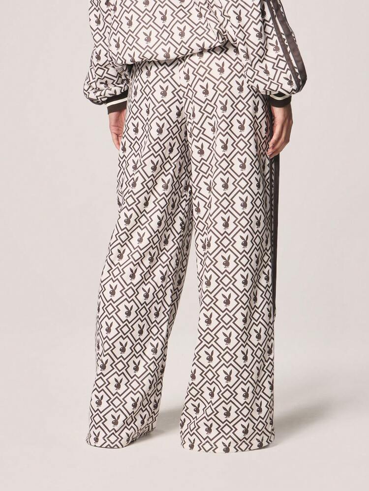 Missguided x Playboy Women Wide Leg Printed Geometric Rabbit Logo Joggers With Elastic Waistband Side Stripe Detail Comfortable Loose Fit Sweatpants