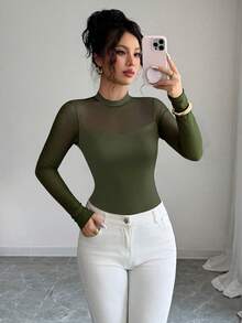 Elenzga 女士优雅纯色弹力修身透视拼接长袖上衣，秋冬款 - 軍綠色 - 查看 3