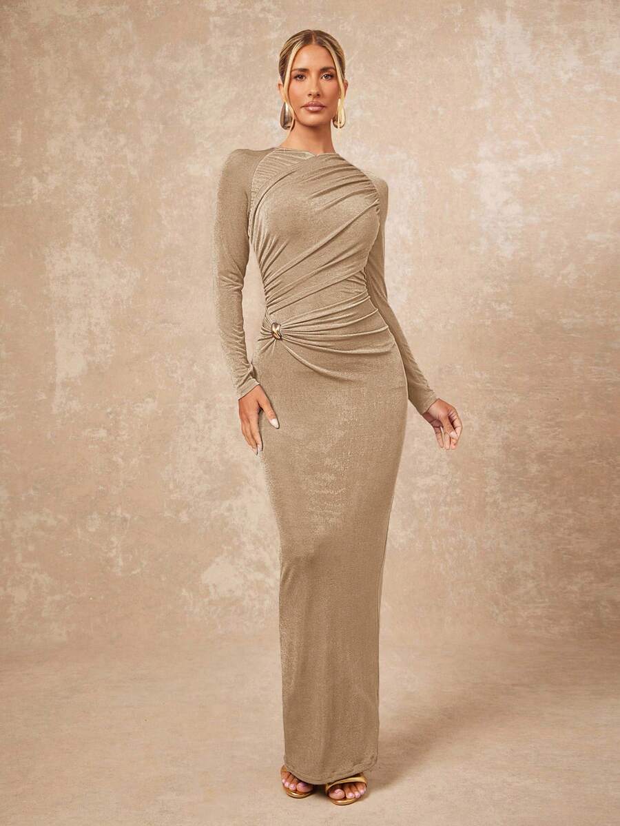 Lumalex Đầm dài tay ôm dáng, màu trơn, xếp ly, đính vòng kim loại, dành cho nữ. - Màu Khaki - Xem 1