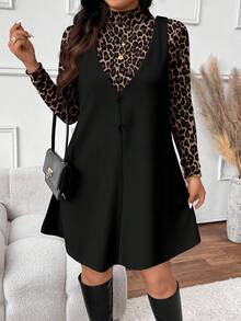 SHEIN Frenchy Bộ 2 món áo họa tiết da báo và váy trơn màu cỡ lớn dành cho nữ - Nhiều màu - Xem 5