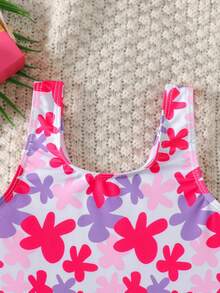 Young Girl Floral Print One-Piece Swimsuit, Cute Beach Vacation Outfit - Pink - View 6
