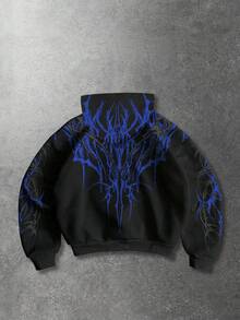 ROMWE MEN Street Life Spring Casual Graphic Men'S Casual Daily Graphic Print Zip-Up Hoodie Sweatshirt, Autumn - Black - View 2