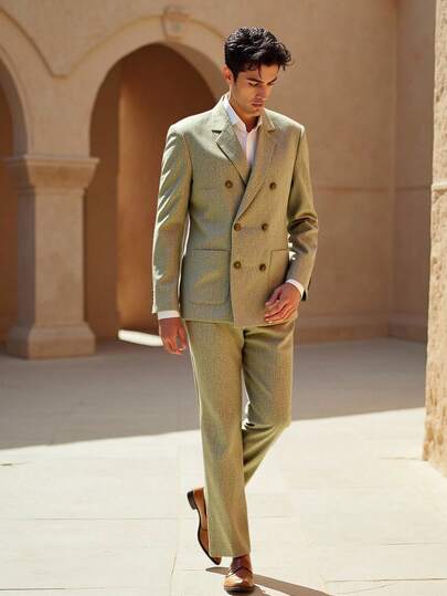 HIMLAND Men's Fashion Notched Collar Double-Breasted Long Sleeve Suit Set With Pants