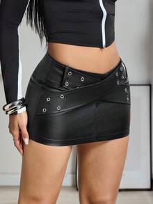 Jeanoix 女士Y2K性感时尚街头PU皮革交叉裹身铆钉细节低腰迷你裙，夏季 - 黑色 - 查看 6