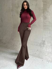 Firerie Women's New Elegant Casual Everyday Commute Fashion Versatile High Waist Slim Fit Brown Suede Flare Pants, Suitable For Autumn/Winter, Airport, Teacher, Office Wear, Cozy Fall, Christmas, New Year - Brown - View 8